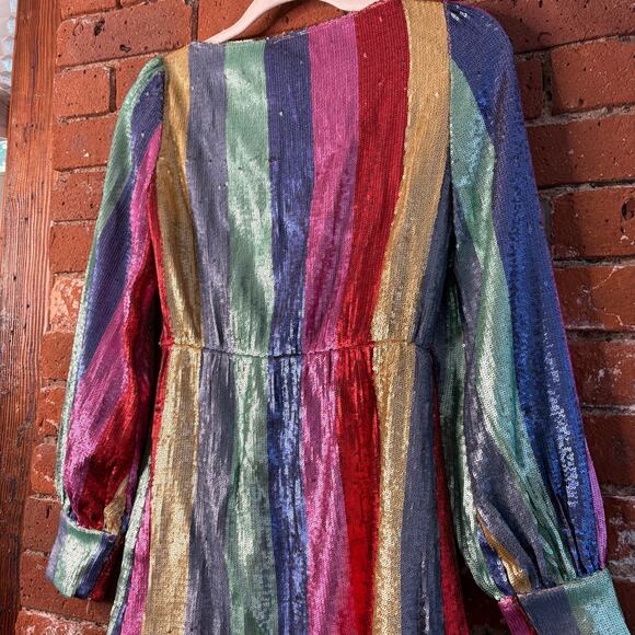 NWT RIXO Ava Rainbow Sequin Stripe Mini Dress Balloon Sleeve Long Sleeve XS - Picture 13 of 14